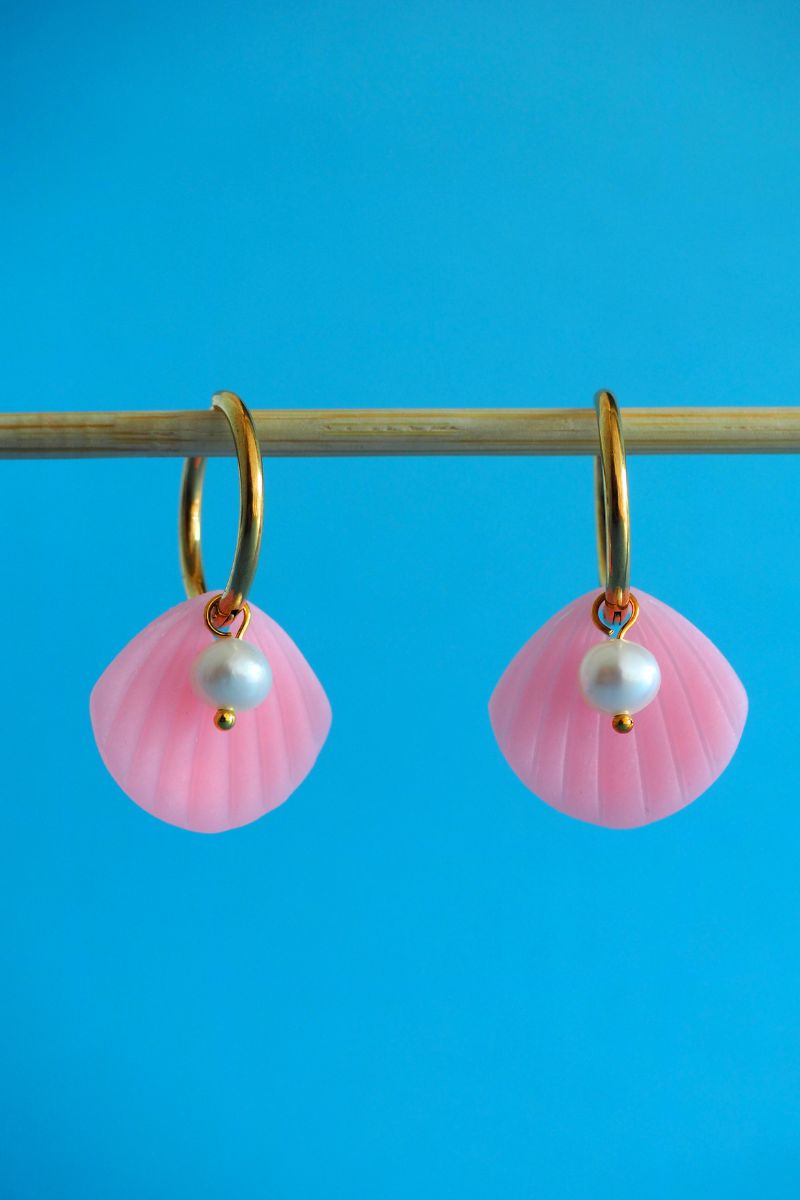 Semi-Translucent Pink Seashells with Pearl - Simple Hoop