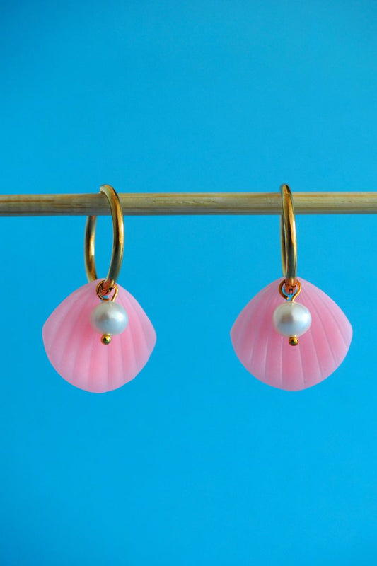 Semi-Translucent Pink Seashells with Pearl - Simple Hoop